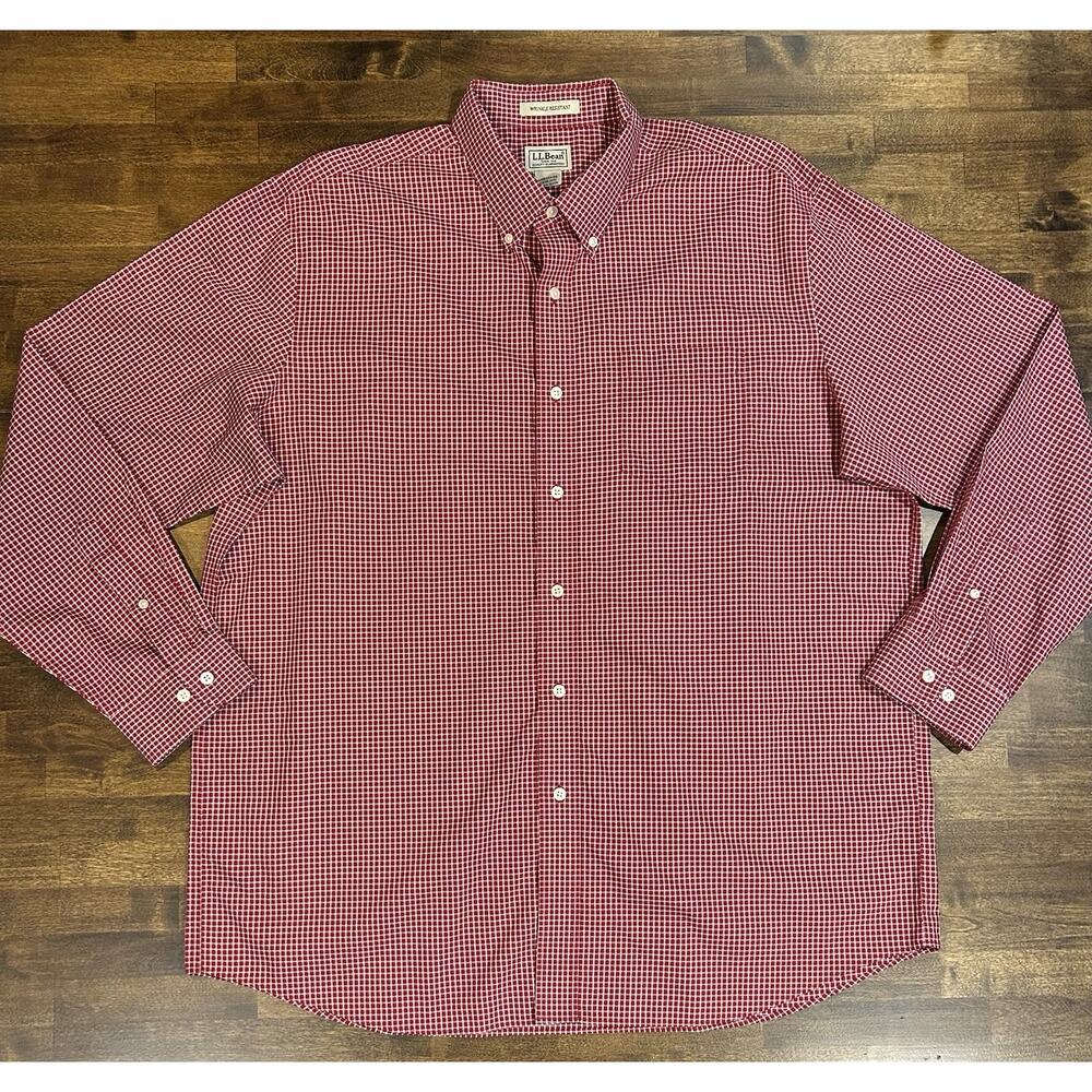 LL Bean Men’s Button Down Shirt Red White Plaid Wrinkle Resistant Size XL Reg